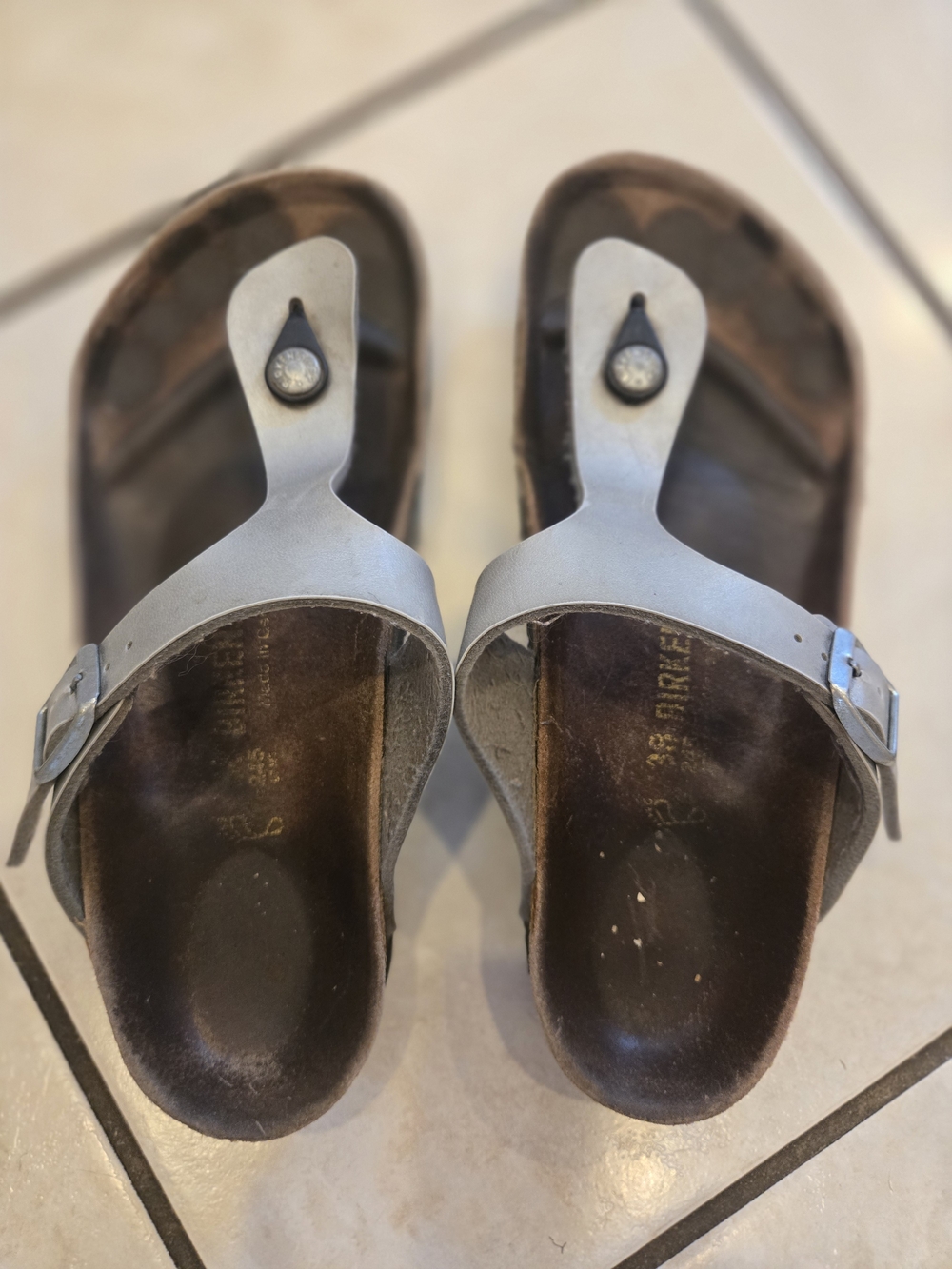 Birkenstock Giza Silver Leather Toe-Post Sandals 38